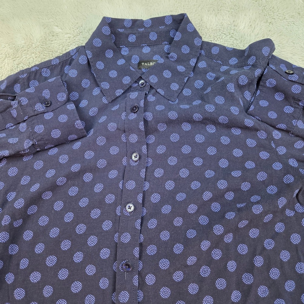 Talbots Polka Dot Button Down Shirt Womens XS Navy Blue Long Sleeve